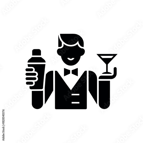 Stylish Bartender Icon with Cocktail Shaker and Martini Glass on Transparent Background