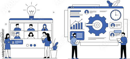 Vector Collection of Diverse Young Professionals in Blue and Black Outfits Doing Various Activities Like Working on Laptops, Jumping, and Carrying Briefcases, Representing Modern Business, Freelance, 