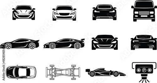 Two-Tone Vector Icon Set for Automotive Service and Repair Featuring Car Engine, Brake Disc, Gear, Steering Wheel, Traffic Light, GPS Location, and Vehicle Breakdown Symbols for App Interface.