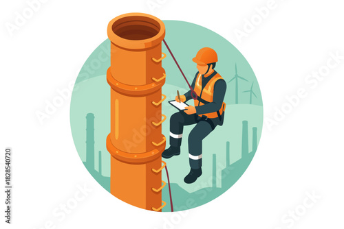 Professional energy worker inspecting pipeline infrastructure and making notes for safety on wind farm background