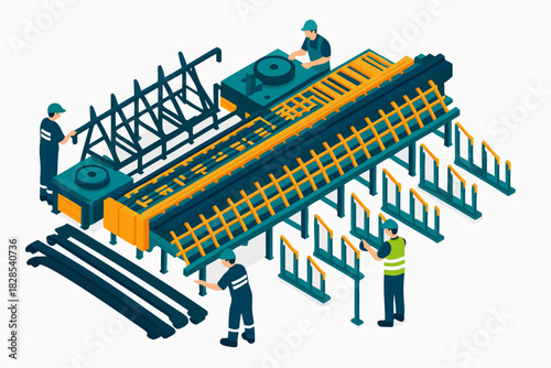 Construction workers assembling rebar reinforcement for concrete structures with precision and expertise, modern engineering solution