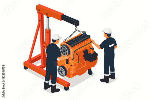 Professional mechanics repairing engine with crane, modern isometric design for engineering and car service promotions
