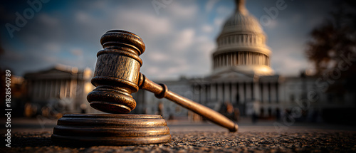 A gavel in focus representing justice and law in front of the Capitol building.