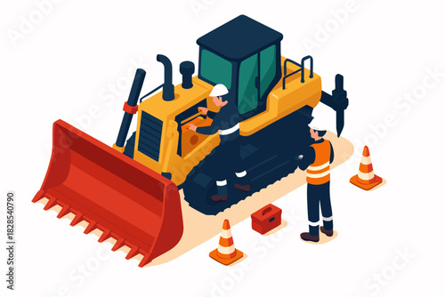 Construction workers operating bulldozer on site ready for infrastructure development project, ensuring safety and progress