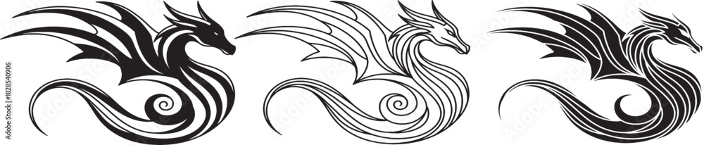 Naklejka premium Tribal Dragon Vector Emblems with Curved Linework and Spiral Tail Designs in Monochrome Style