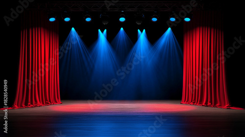 Theater Stage with Red Curtains and Blue Spotlights, Copy Space in Center