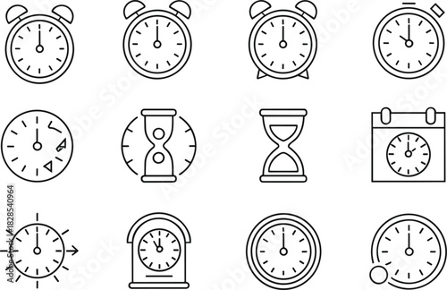 Set of Time and Clock Line Icons, Including Alarm Clocks, Hourglass, Calendar, Stopwatch, and Wall Clocks, for Scheduling, Deadline, and Timer Concepts.