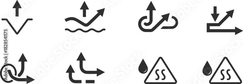 Set of vector icons representing functional fabric properties, breathable, waterproof, elastic, and moisture wicking for textile industry labels.