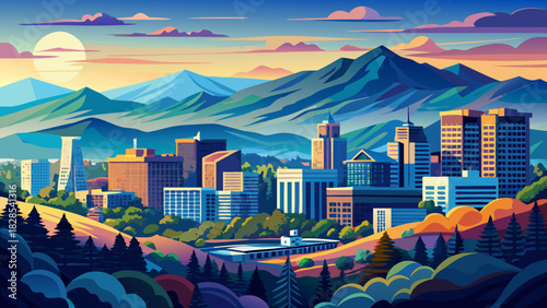 Very beautiful mountain cityscape of Asheville surrounded by rolling Blue Ridge peaks, showcasing soft atmospheric light, harmonious colors, and a clean composition ideal for high-quality vector or 