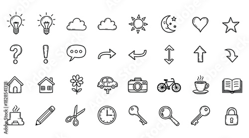 Hand drawn doodle icon set isolated on white background collection of sketch elements including light bulb, cloud, sun, moon, heart, star, question mark, arrow, house, flower, car, camera, bicycle, co