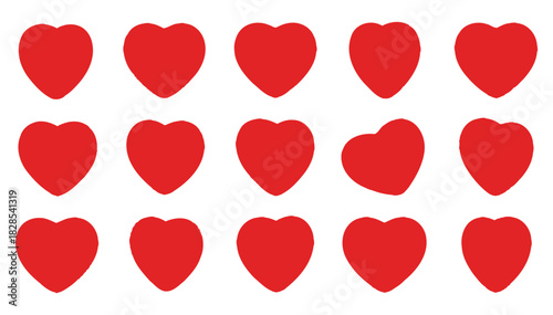 Fifteen red hearts arranged in rows isolated on white background, symbolizing love, affection, and romance for valentines day and special occasions