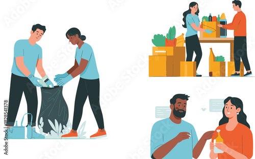 Set of vector illustrations showing volunteers cleaning trash, distributing food donations, and people communicating for community service and charity concept.