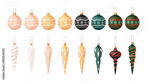 Set of christmas tree ornaments isolated on white background collection of decorative christmas balls and icicles in different colors and patterns