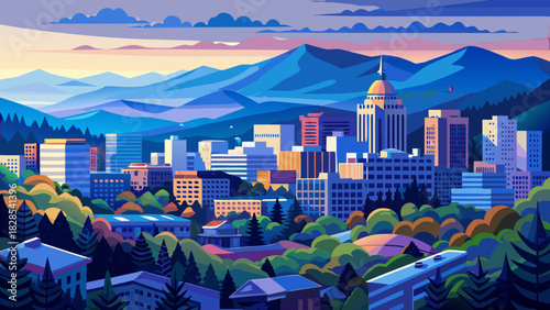 Very beautiful mountain cityscape of Asheville surrounded by rolling Blue Ridge peaks, showcasing soft atmospheric light, harmonious colors, and a clean composition ideal for high-quality vector or 
