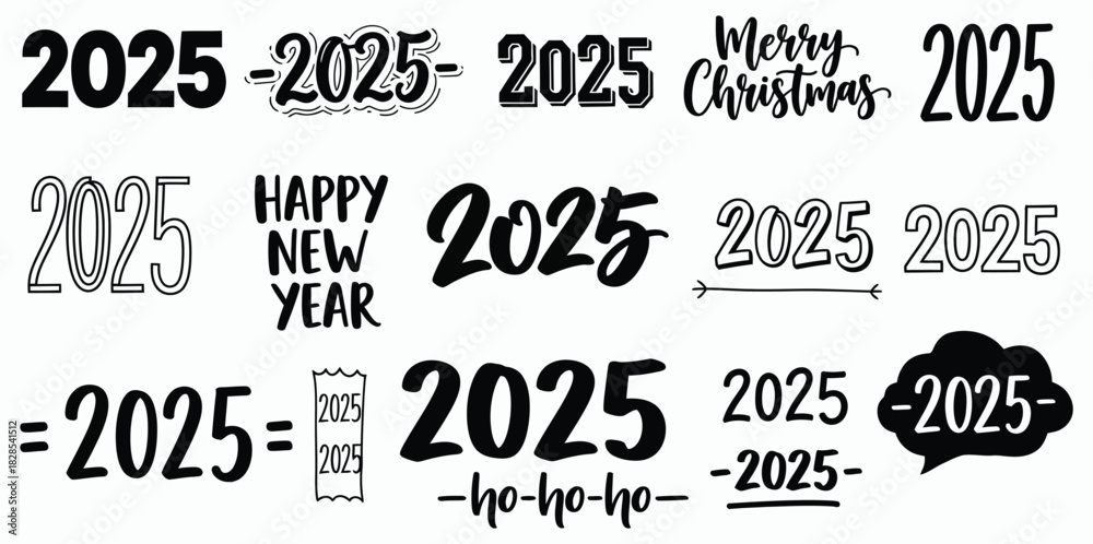 Obraz premium Collection of 2025 year designs for christmas and new year celebrations, featuring various styles and decorative elements isolated on white background