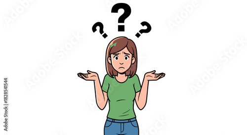 vector illustration of A woman looking confused with question marks above her head. She shrugs her shoulders, uncertain about the situation