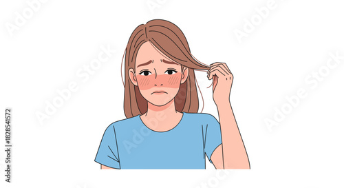 vector illustration of A woman with a sunburn, touching her hair with a worried expression. The scene evokes feelings of discomfort and sensitivity.