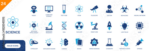 Science icon. Includes telescope, biohazard, DNA, atom, test tube, laboratory. Solid vector icon set.