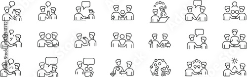 Set of linear vector icons representing people communication, business dialogue, teamwork, partnership, conflict, and social interaction for user interface design.