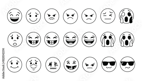Collection of various hand drawn emoji faces showing different emotions isolated on white background vector illustration of simple emoticon set