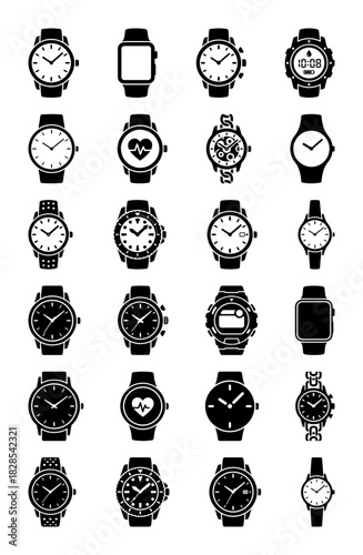 Different Types of Wristwatches Black Glyph Icons Collection - Classic, Digital, Smartwatch, and Chronometer Vector Symbols Set for Time Accessory Design