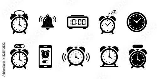 Alarm and Bell Notification Black Glyph Icons Set - Digital Clock, Sound, Smartphone Alert, and Reminder Vector Symbols Collection for Application and Device Interface