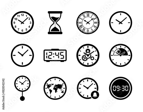 World Time and Clock Black Glyph Icons Set - Analog, Digital, Hourglass, Time Zone, and Alert Vector Symbols Collection for Scheduling and Global Business