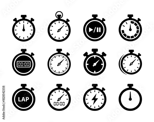 Chronometer and Stop Watch Black Glyph Icons Set - Measuring Time, Speed, Digital Display, and Lap Timer Vector Symbols Collection for Sports and Scientific Use