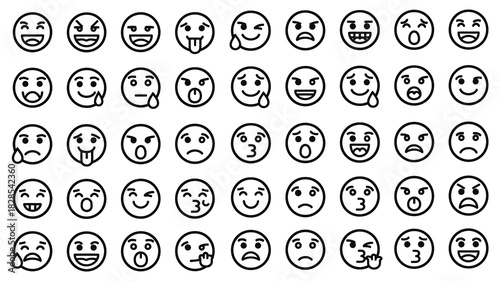Collection of diverse emoji expressions, isolated on white background, showcasing a range of emotions from joy and sadness to anger and surprise