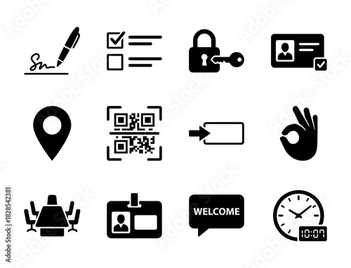 Authentication and Identity Black Glyph Icons Set - Signature, Checklist, Security, Key, QR Code, and Meeting Vector Symbols Collection for Access and Agreement