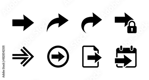 Essential Right Arrow Solid Icon Set for Forward Navigation, Exit, Security, Document Flow, and Calendar Scheduling