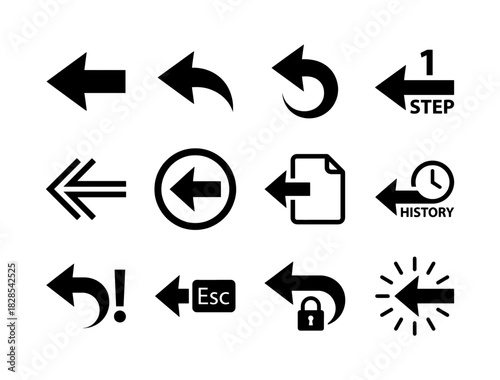 Essential Left Arrow Solid Icon Set for Back, Undo, History, Escape, Security, and Previous Step Navigation
