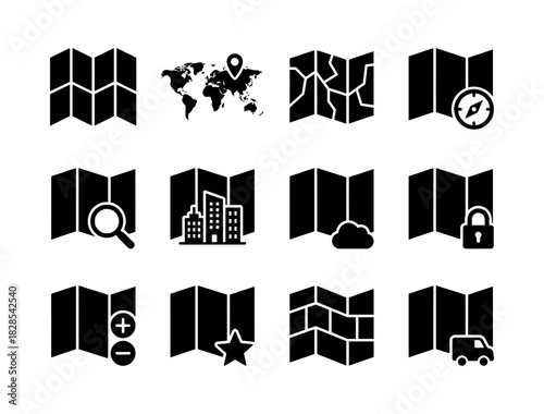Detailed Map and Location Solid Icon Set for World View, Urban Planning, Cloud Data, Security, and Navigation Services