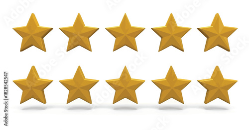 Ten golden stars arranged in two rows isolated on white background, representing a perfect score, excellent rating, or topnotch quality and service