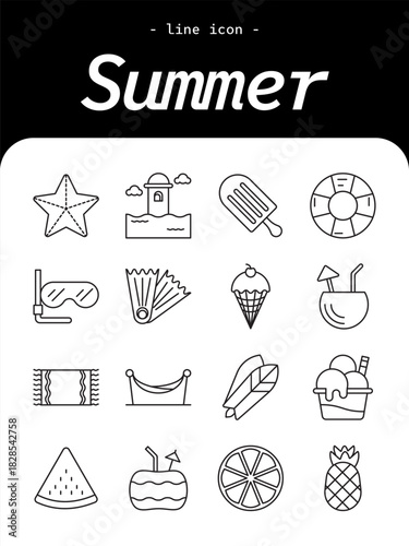 Summer thin line icon set. Sun, beach, vacation, travel, ice cream, palm tree, swim, and holiday outline icon collection.
