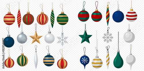 A vibrant collection of diverse Christmas tree ornaments featuring baubles, stars, icicles, and snowflakes in various colors and patterns on a transparent background.