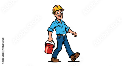 vector illustration of Construction worker cheerfully walking, carrying paint bucket and wearing a hard hat