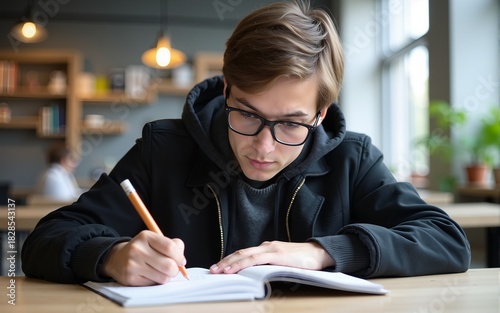 Serious male student writing school test in knowledge textbook during e learning in campus cafeteria, young hipster guy in eyewear for vision correction studying indoors doing homework in notepad