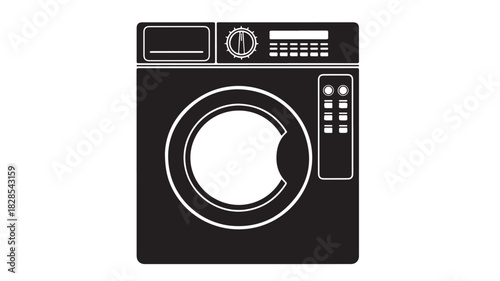 Black and white washing machine illustration simple vector graphic of laundry appliance isolated on white background