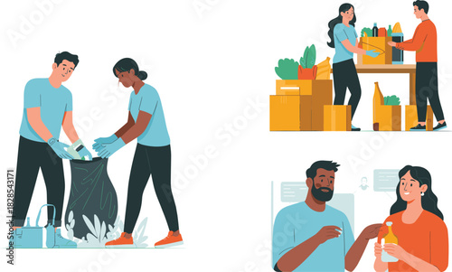 Volunteers cleaning trash, people distributing food donation boxes, and friends talking together, flat vector illustration set for community service.