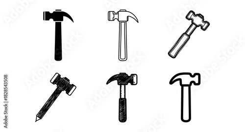Set of six hammer designs in diverse styles for construction and carpentry themes