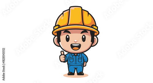 vector illustration of A construction worker giving a thumbs up, symbolizing approval. He is wearing a yellow hard hat and blue overalls, ready for work