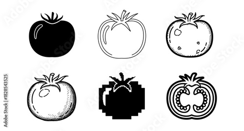Diverse styles of tomato icons in black and white for creative design projects