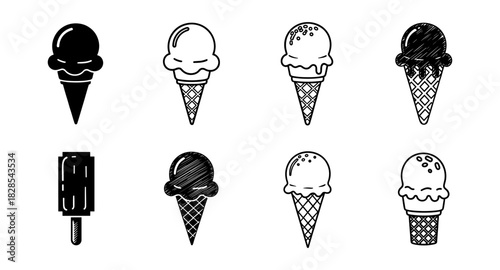 Black and white ice cream cones variety in hand drawn style
