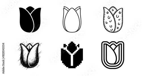 Diverse artistic tulip designs: silhouette, outline, pixel, doodle styles
