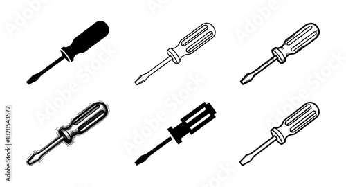 Collection of six diverse screwdriver styles in black and white silhouette