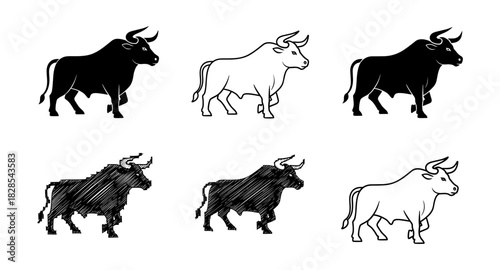 Bull silhouette and sketch variations in black and white