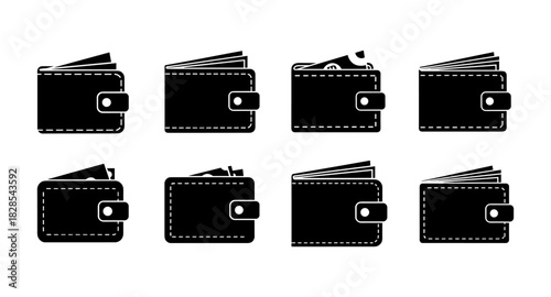 Set of black wallet icons with money in minimalist style