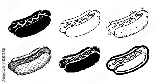 Diverse hot dog icon styles in silhouette, sketch, and pixel art designs