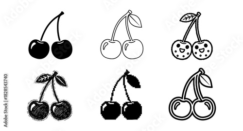 Stylized cherry icons in various artistic styles on white background